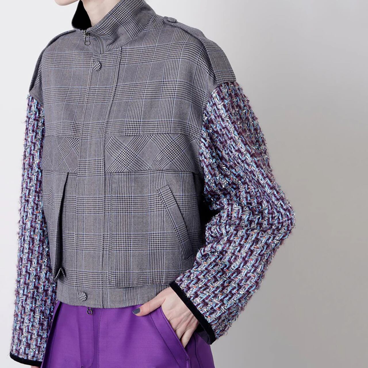STUMBLY Tweed Sleeve Stand Zip UP JK | NAJA FIORE