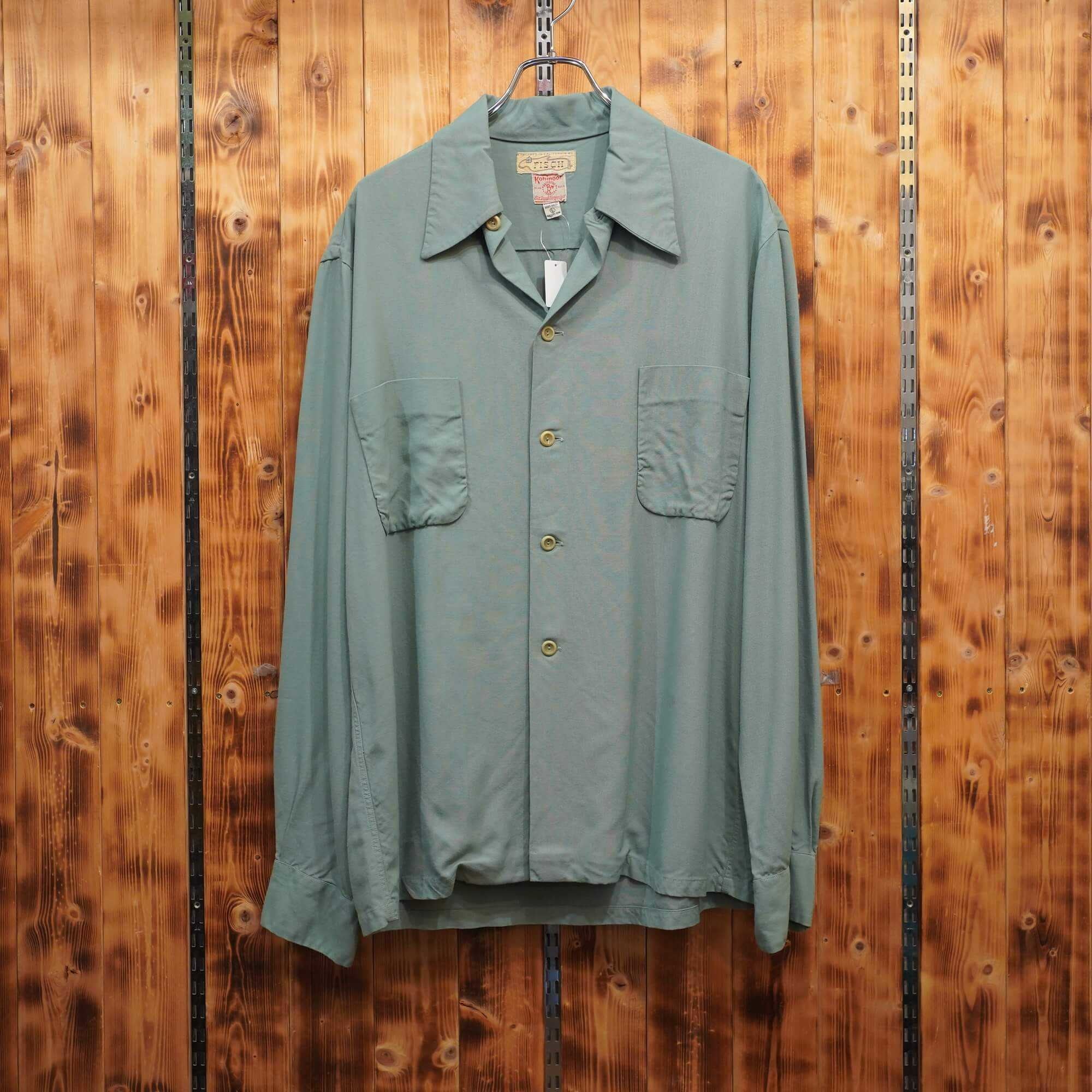 40s50s60s fisch 厚手 レーヨン シャツ L(XL位) ヴィンテージ レーヨン