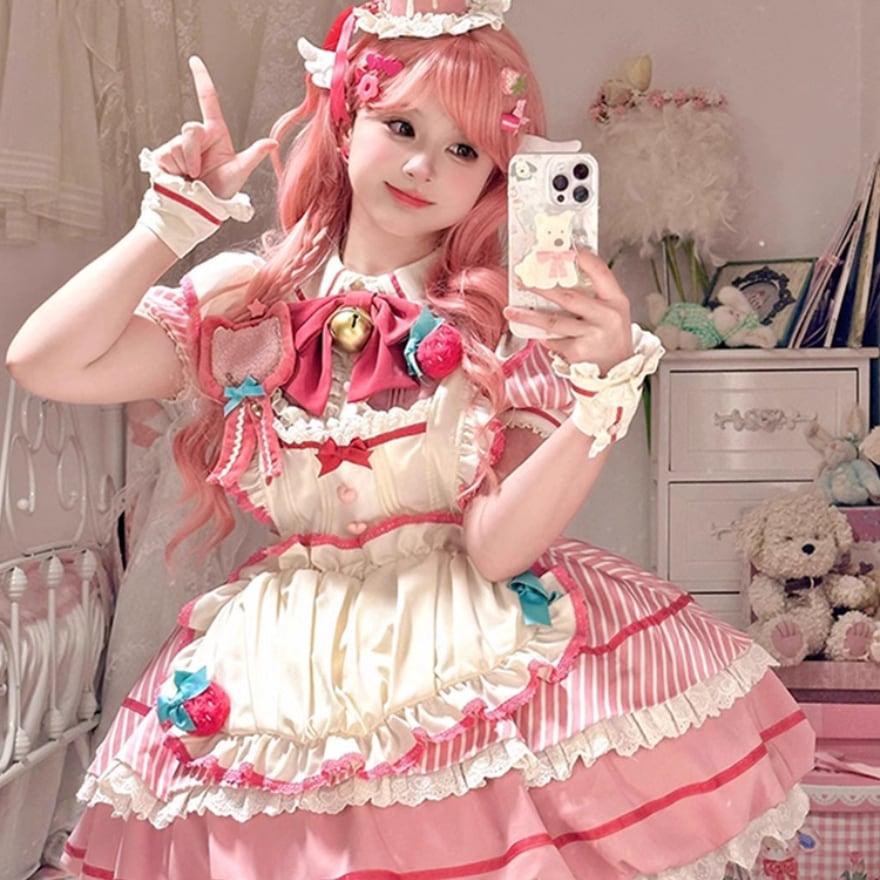 ゆめかわいい 甘ロリ ワンピース ストライプ柄 メイドワンピ イベント