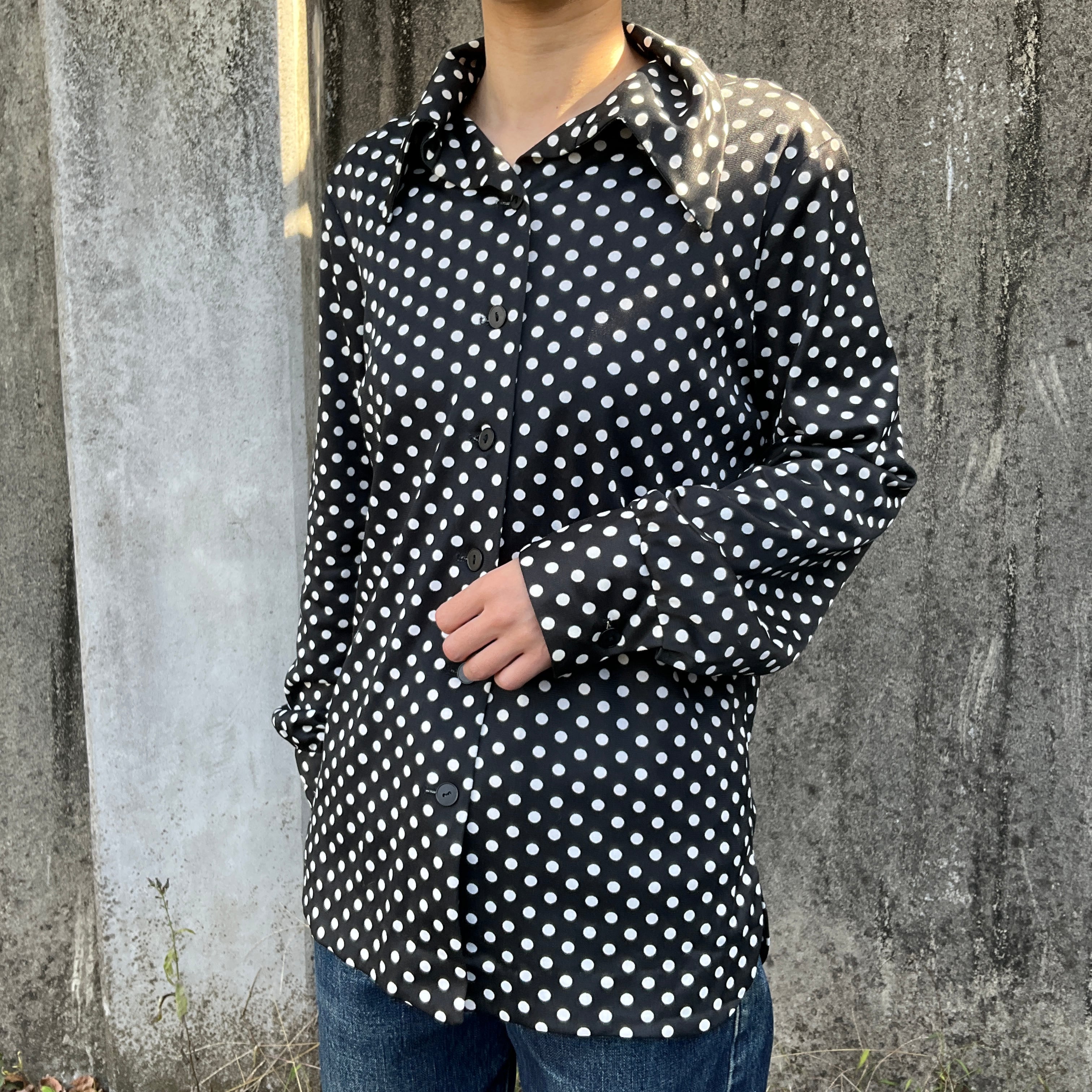 70年代 70s 水玉 ドット 総柄 ポリエステル 長袖シャツ 古着