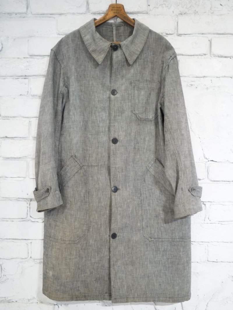VINTAGE 50's FRENCH WORK LINEN BLACK CHAMBRAY COAT デッドストック