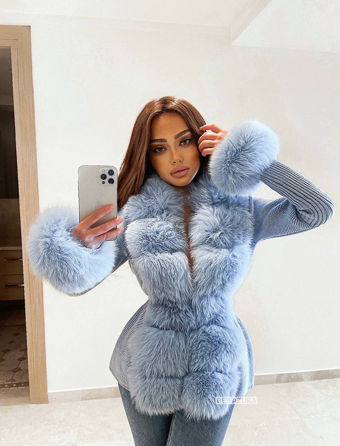 Blue Detachable Fox Fur Trimmed Ribbed Knit Sweater– Beyazura.com