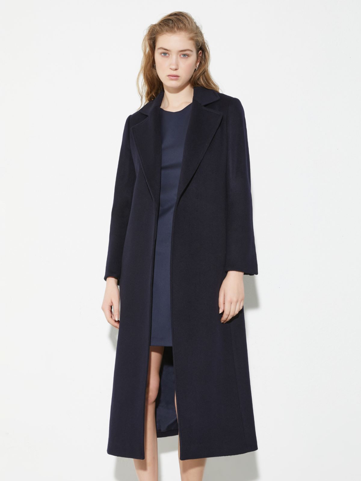 ロングラン] ピュア ウール ベルテッド ロング コート, navy | MAX&Co.