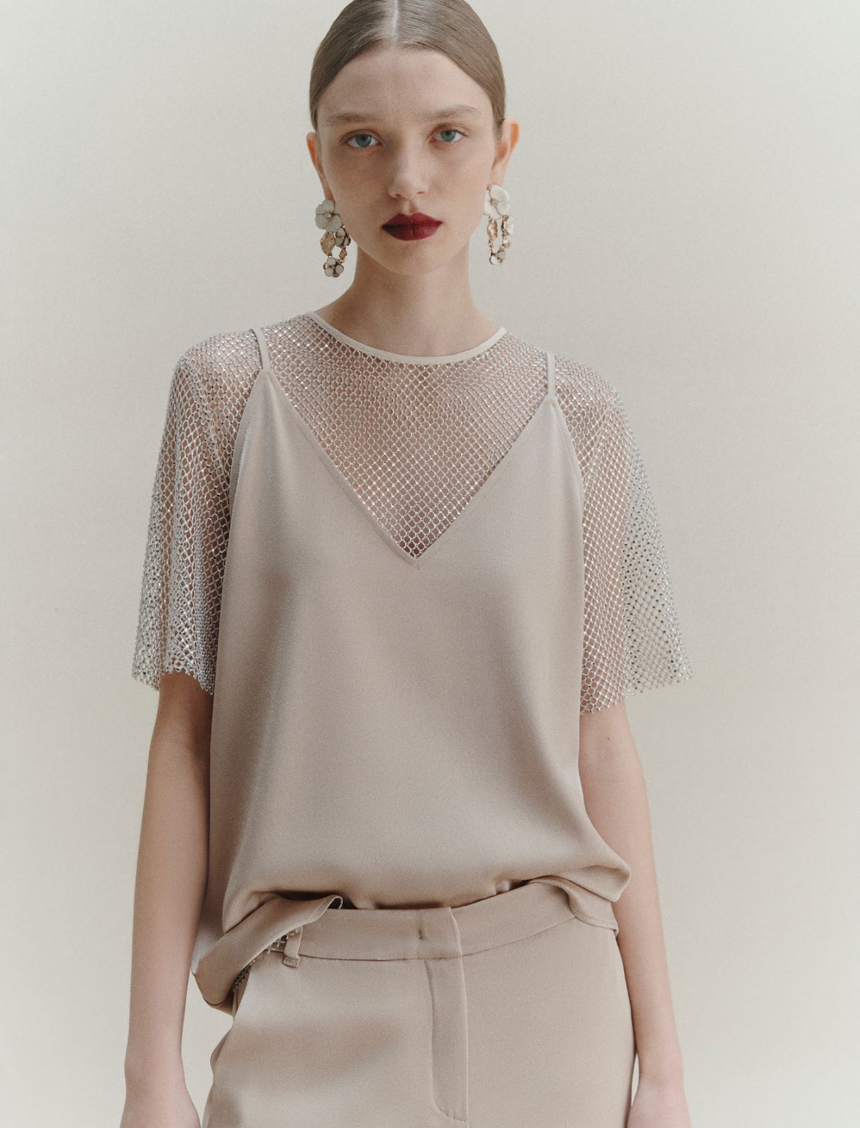 Rhinestone-adorned mesh T-shirt, wool white | Marella