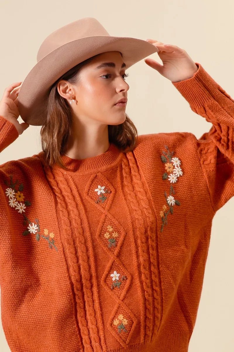 SO ME Embroidered Flower Cable Knitted Sweater – Bitsy Gypsy Boutique