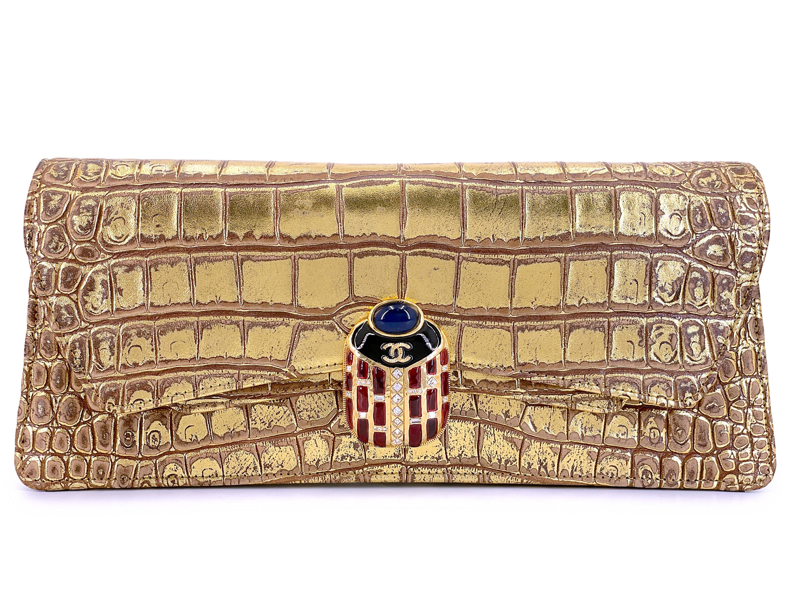 Chanel 19A Egyptian Crocodile Print Scarab Clutch Gold Paris-New