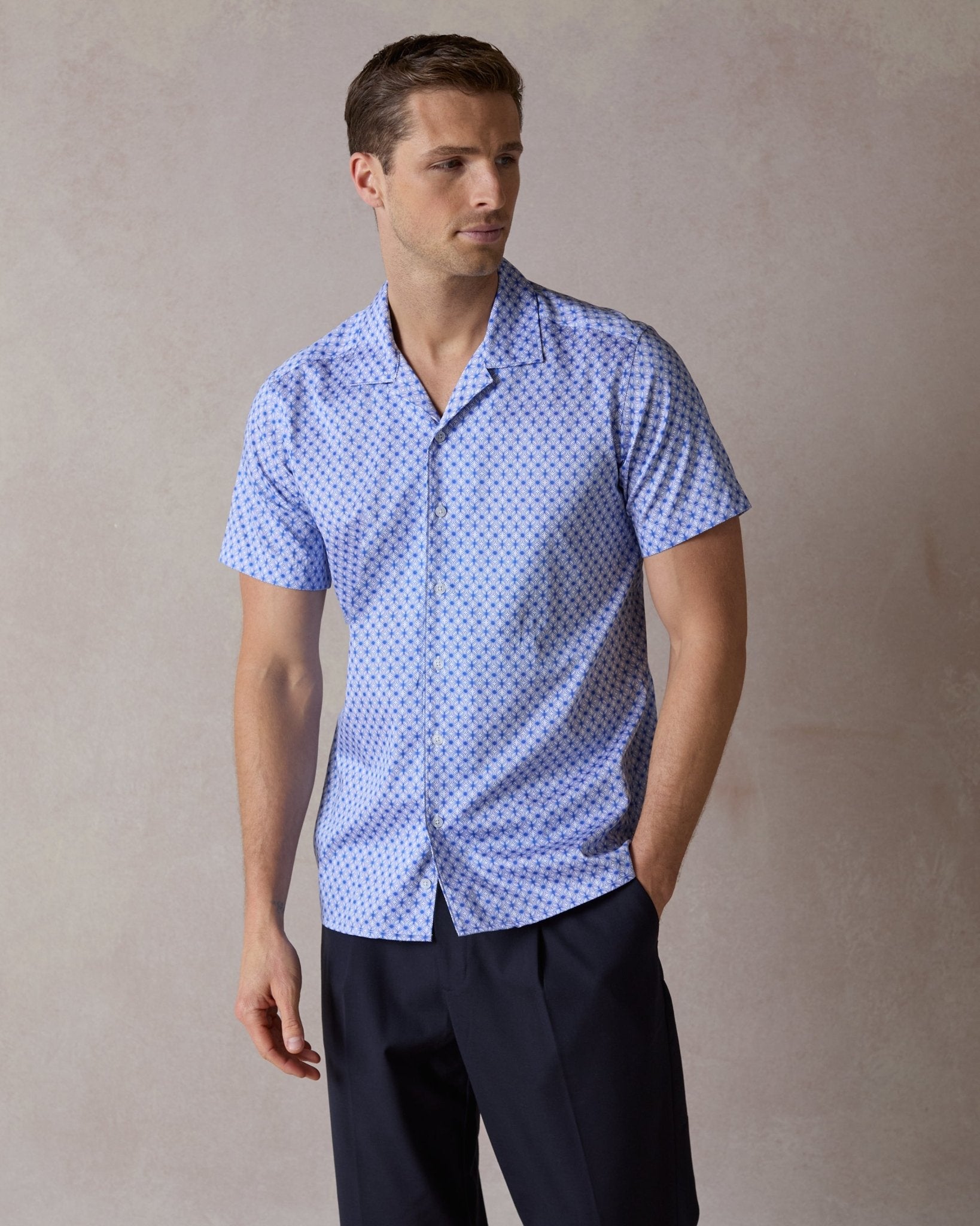 Blue Wavy Geo Open Collar Shirt