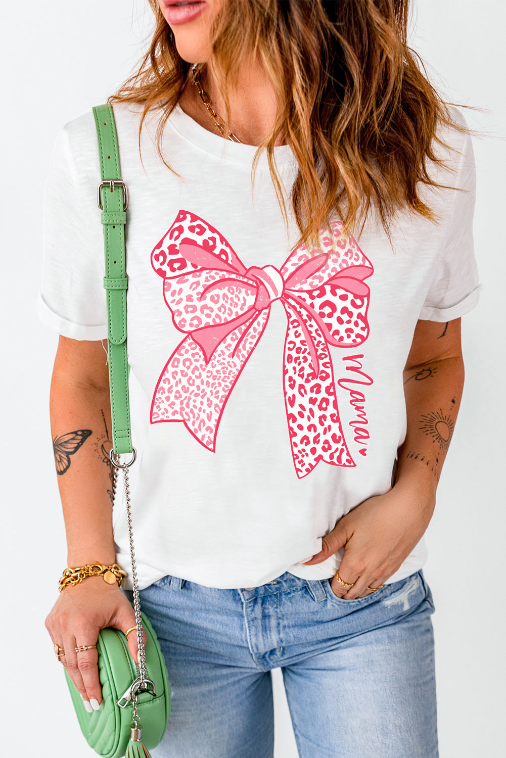 Bow Graphic Round Neck Short Sleeve T-Shirt - Blessed & Boujee