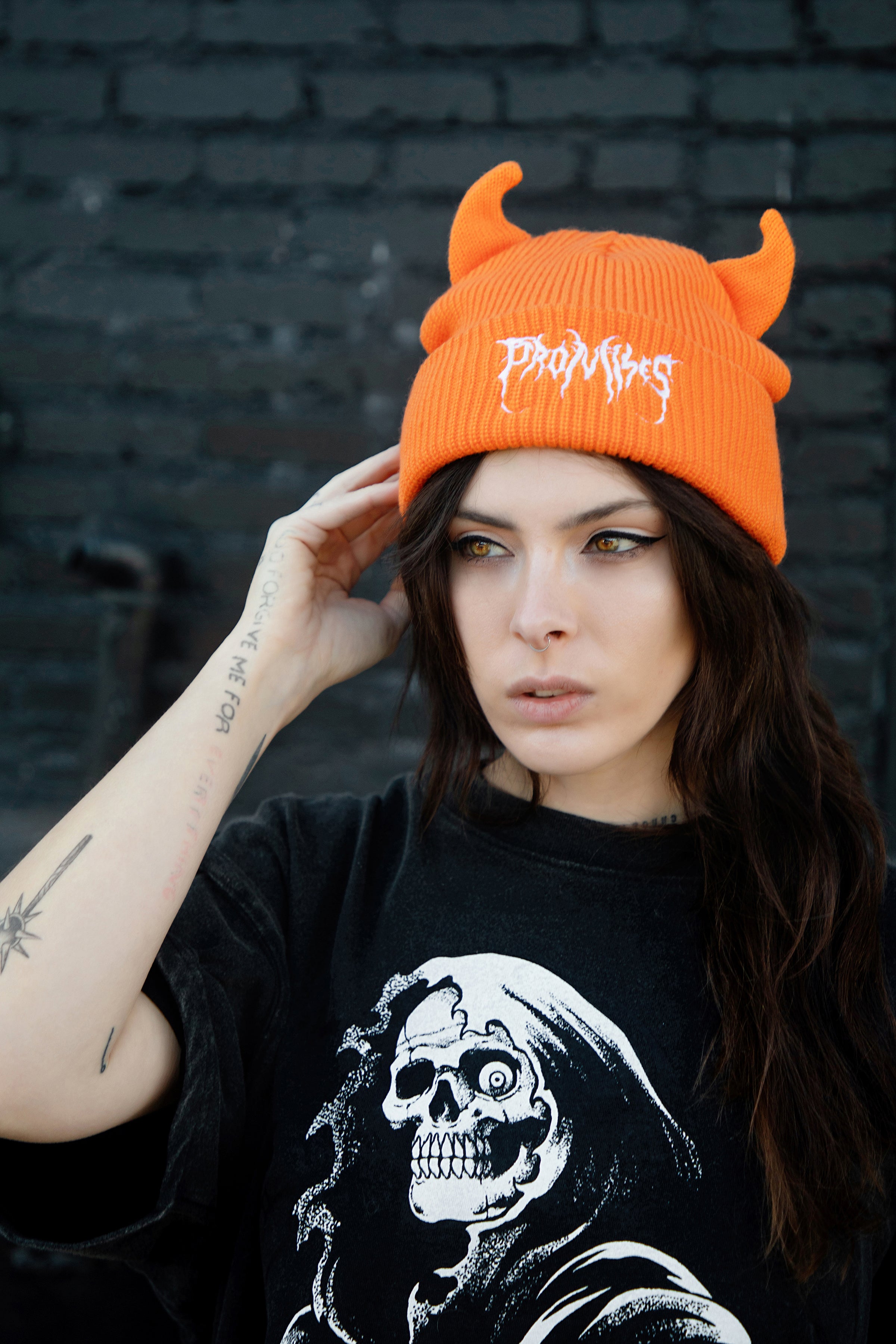 Graveyard Devil Horn Beanie - Orange – Broken Promises Co