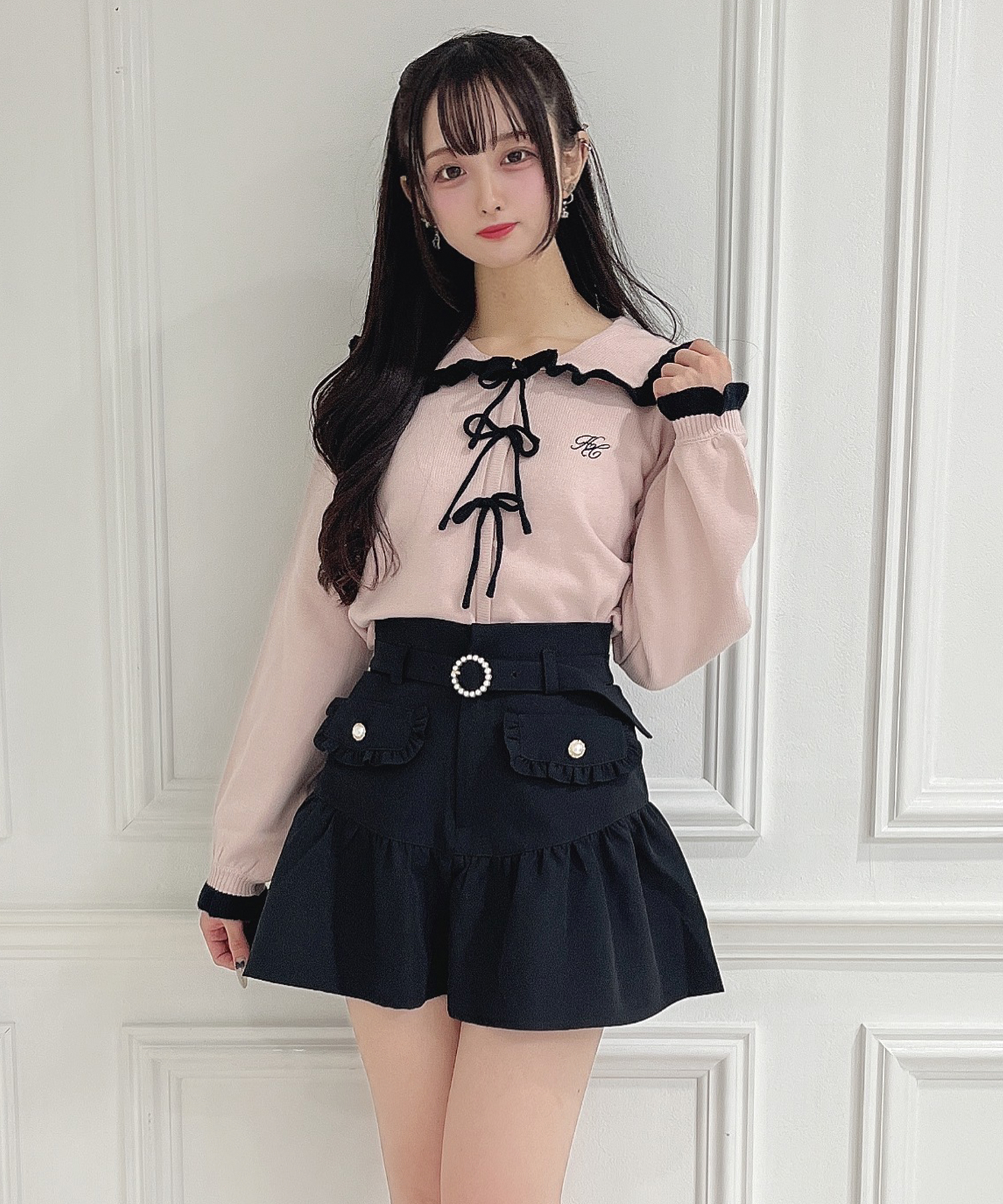 ポイント配色リボンニット×裾フレアショートパンツSET – BUNNY APARTMENT