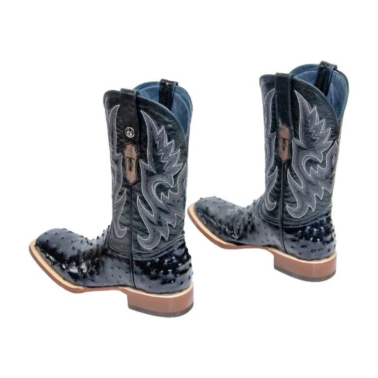 Tanner Mark Men's Checotah Print Ostrich Square Toe Boots Black