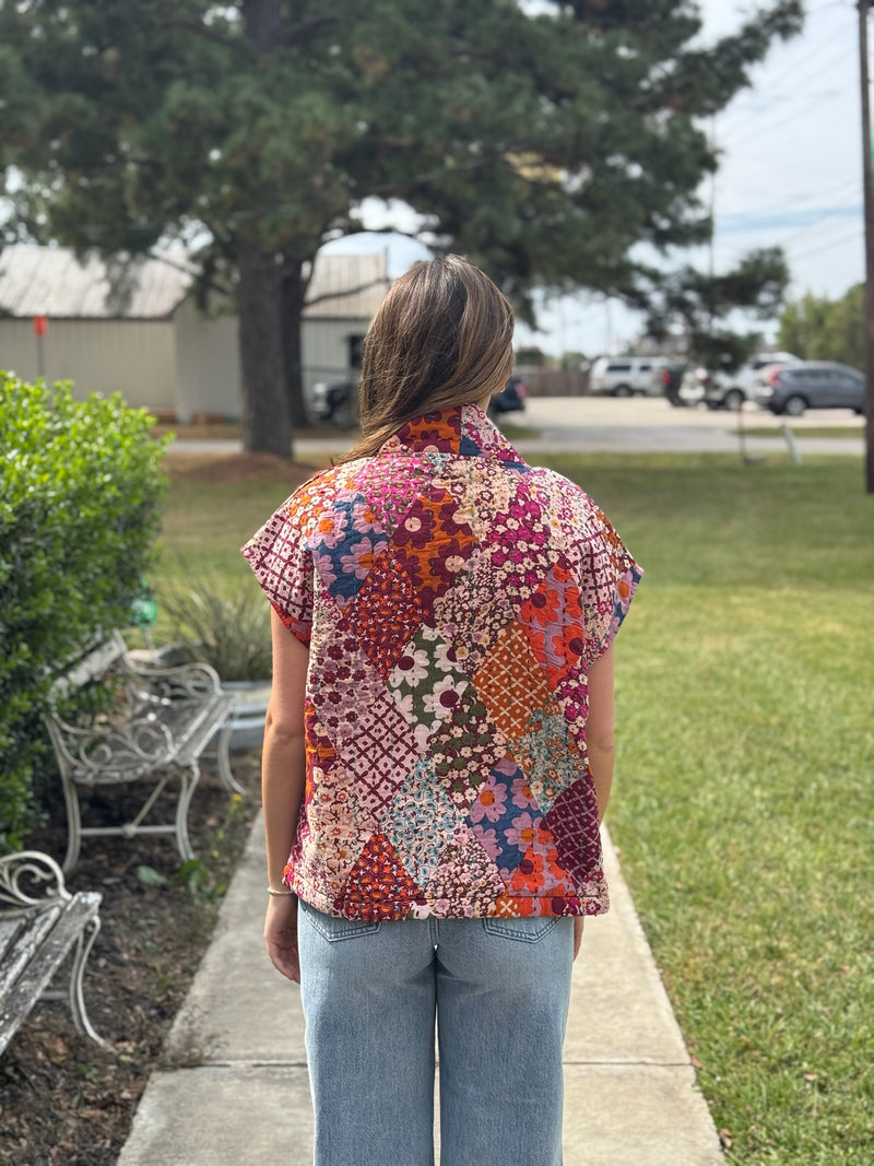 Patchwork Quilted Vest – Cactus Flower