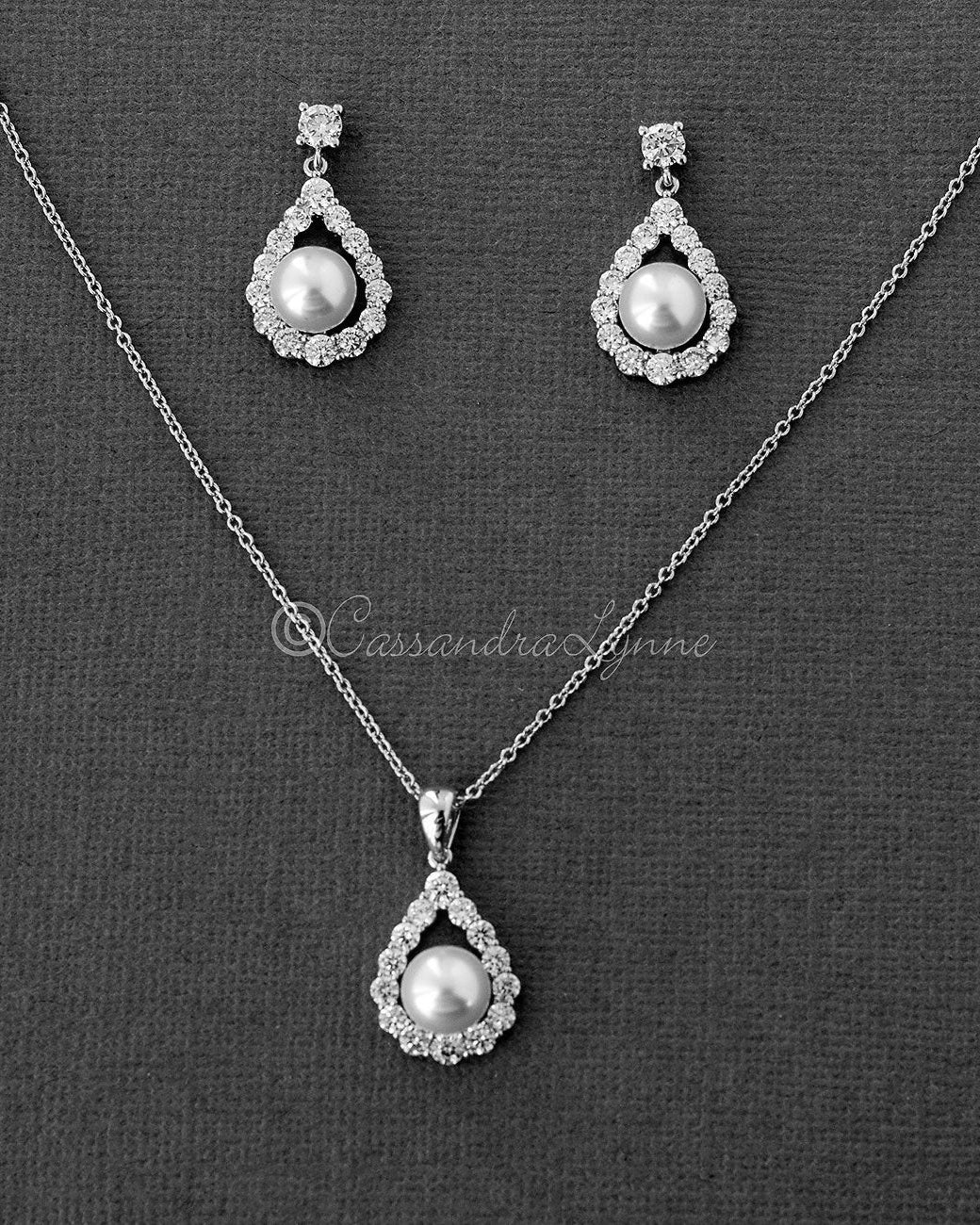 Wedding Jewelry Set of Pearl Drops Necklace - Cassandra Lynne