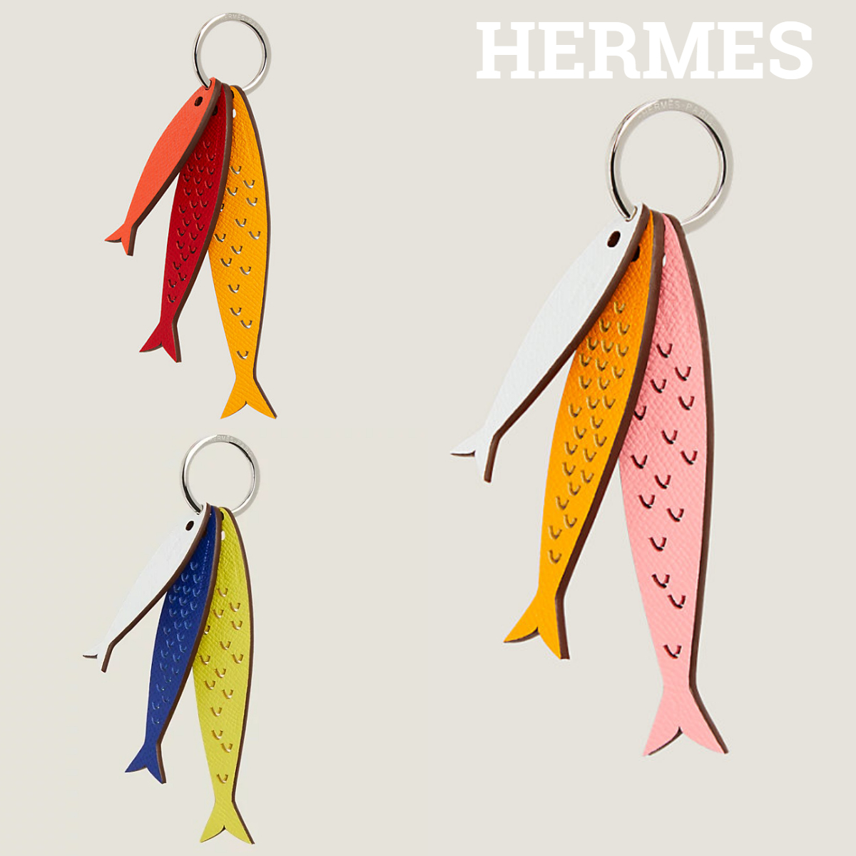 新作*HERMES*レザー キーホルダー 3連イワシ 魚 チャーム (HERMES