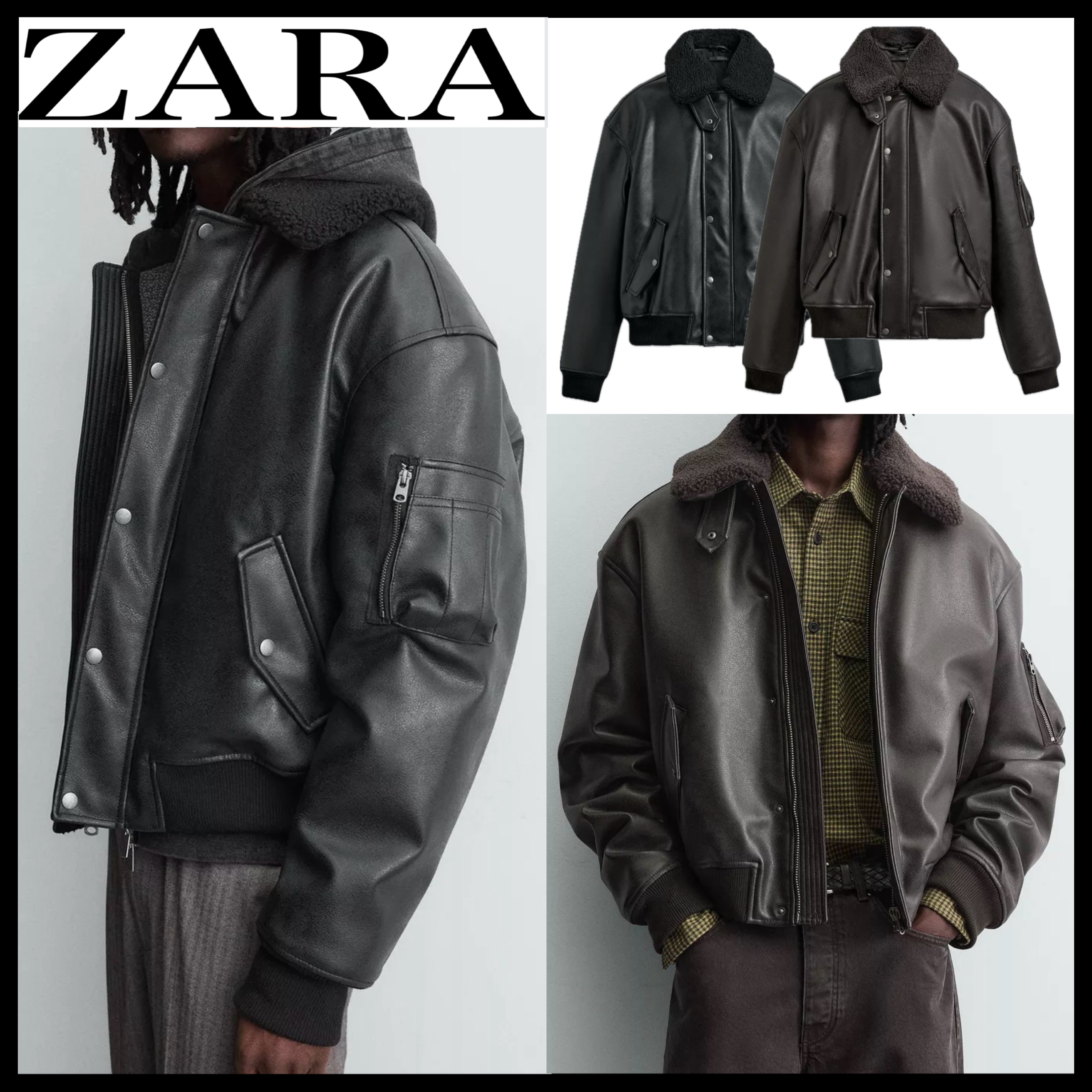 送関込み☆ZARA/ザラ☆中綿入 ボア襟xフェイクレザージャケット (ZARA