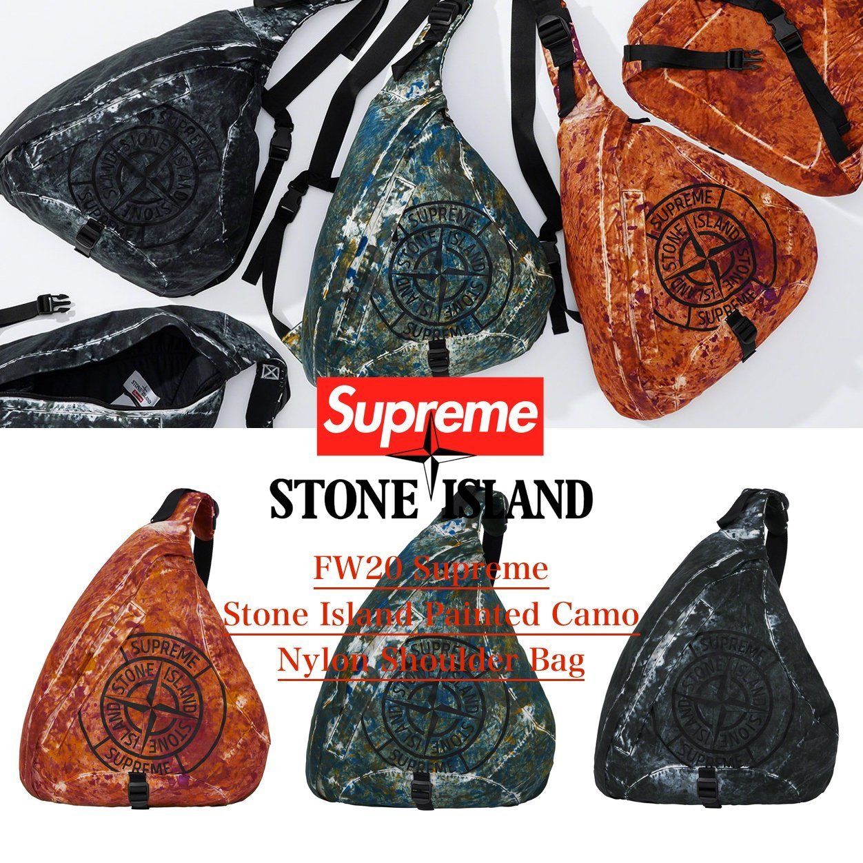 FW20 Supreme Stone Island Painted Camo Nylon Shoulder Bag (Supreme