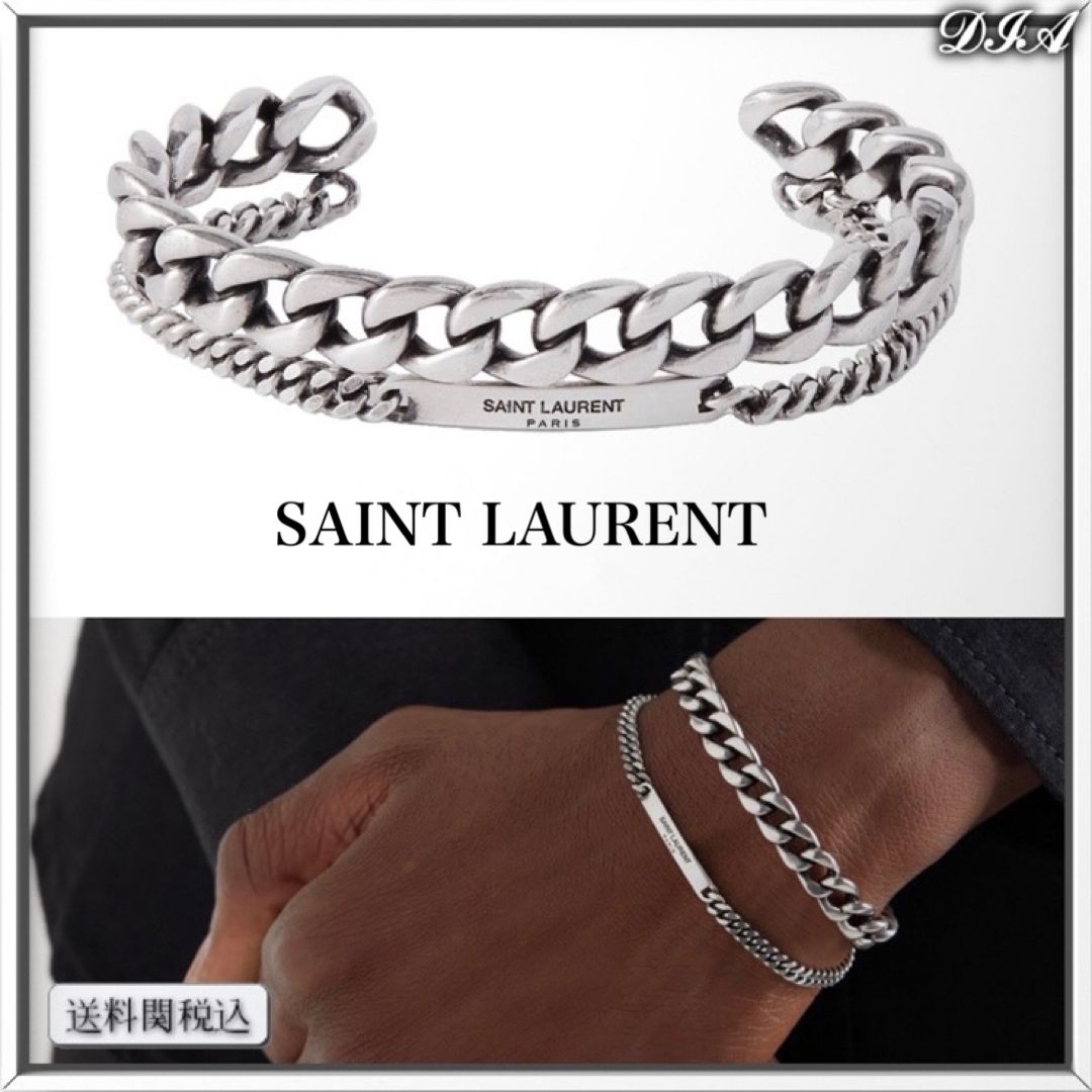 SAINT LAURENT シルバートーン ロゴ カフ ブレスレット 人気 (Saint