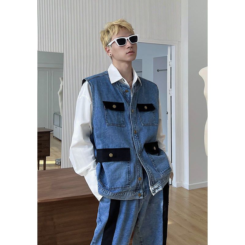 セットアップ ワイドパンツ デニムベスト 無地 ストリート S~3XL