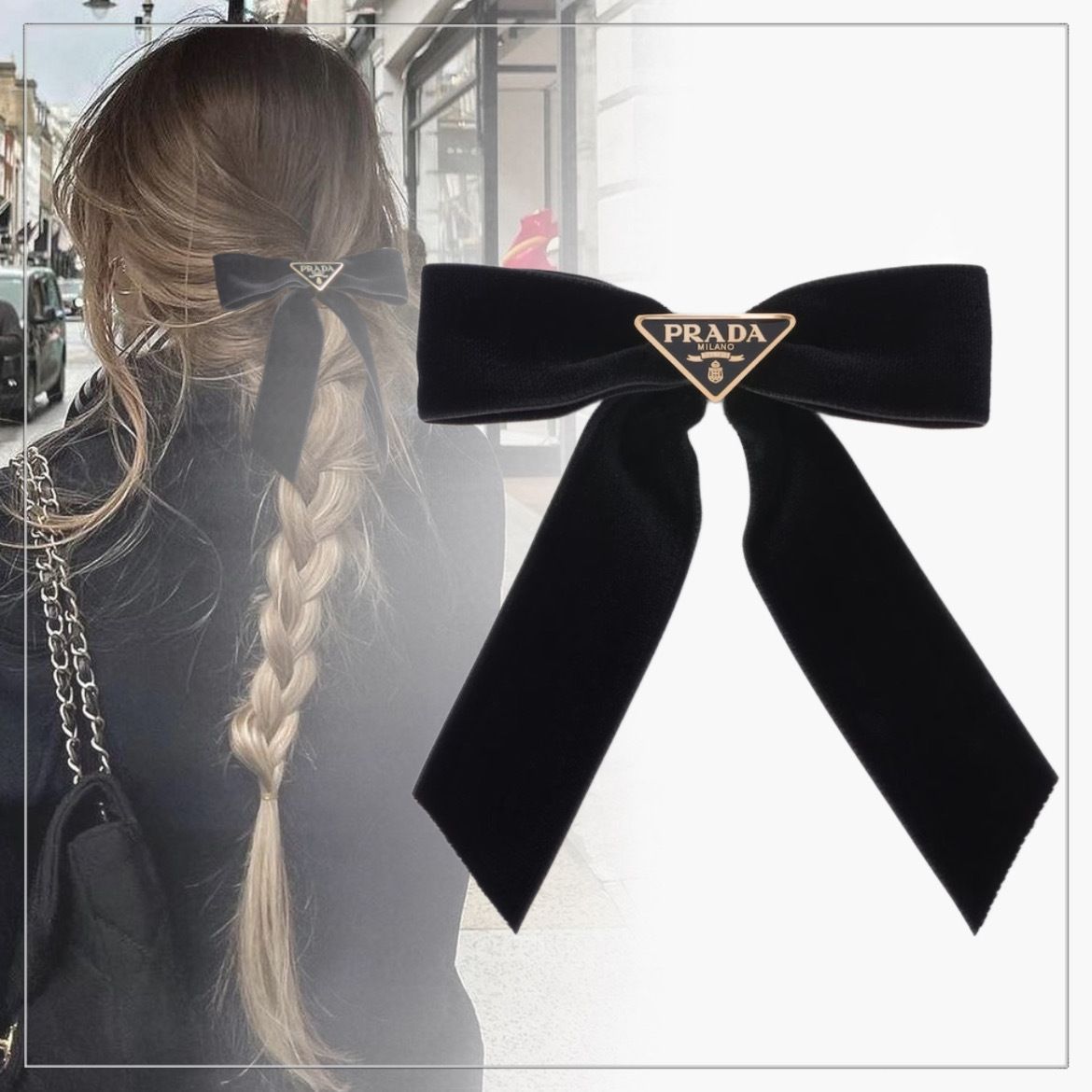 お洒落度UP】PRADA◇ベルベット リボン ヘアクリップ ロゴ付き (PRADA
