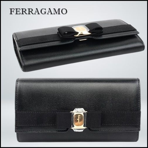 フェラガモ FERRAGAMO リボン 長財布 レディース ブラック財布