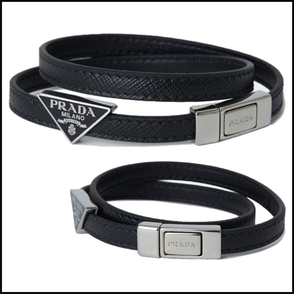 25新作 プラダ サフィアーノ レザー ブレスレット メンズ ロゴ (PRADA