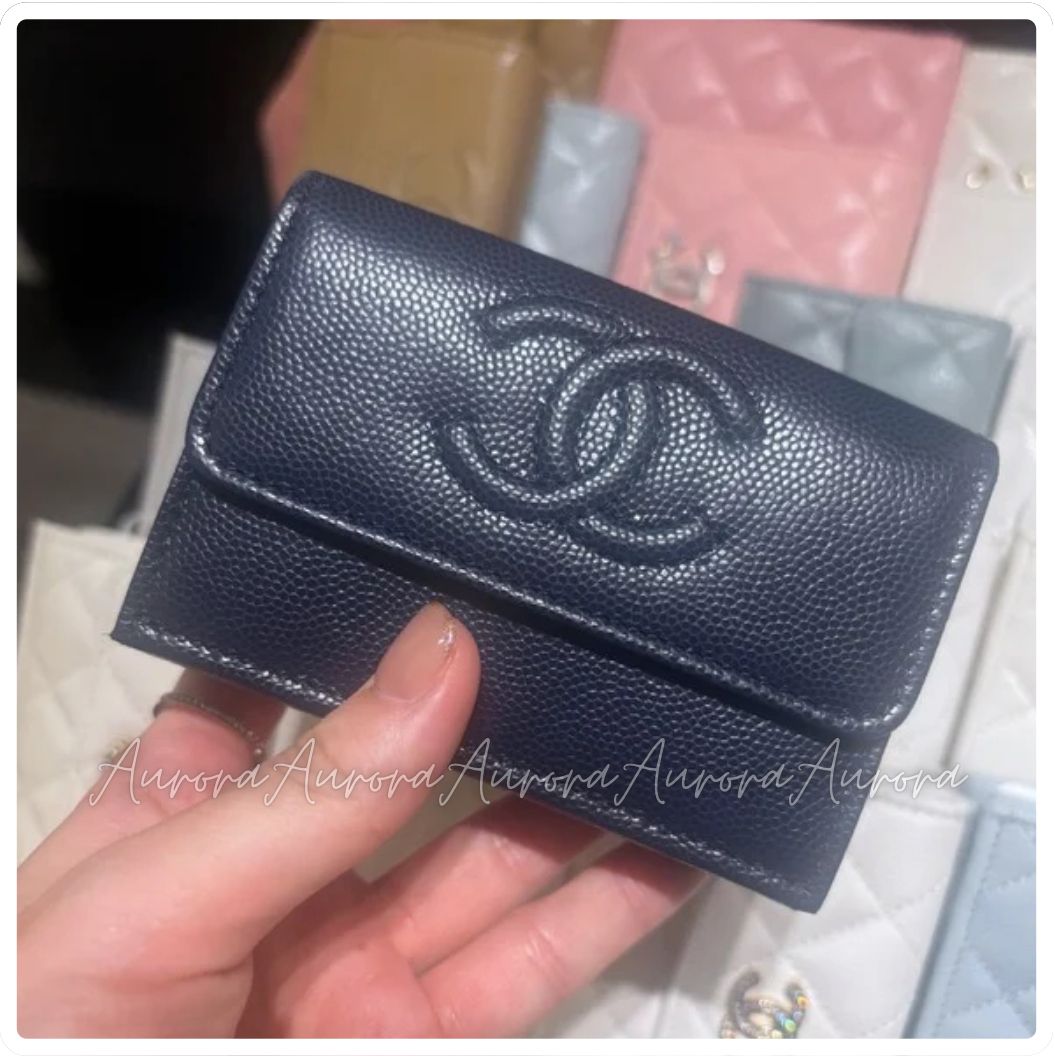 関税無_即完のネイビー_限定ロゴ_CHANEL_三つ折り_財布_ミニ財布