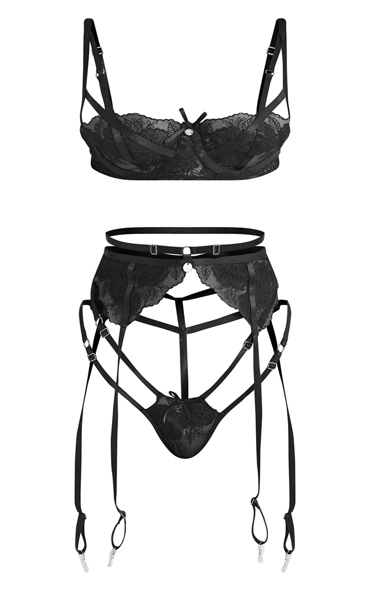Black Embroidered Floral 3 Piece Lingerie Set. | Lingerie