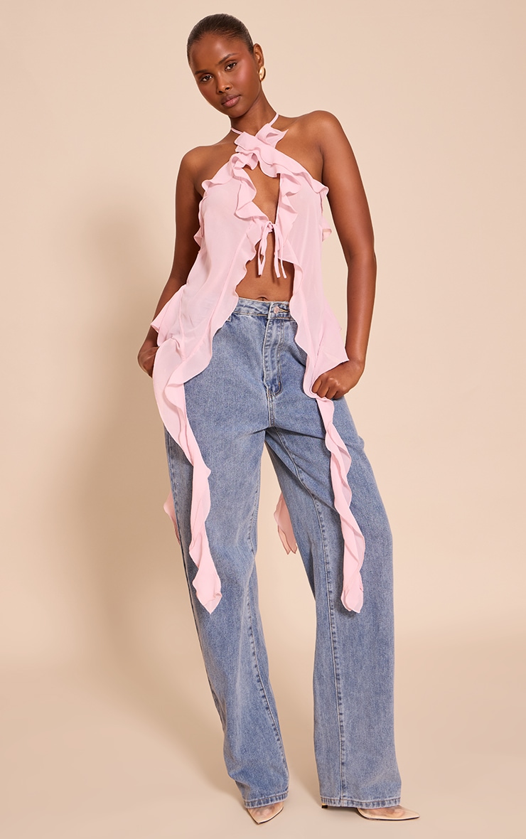 Pink Chiffon Ruffle Drape Detail Longline Top | Tops