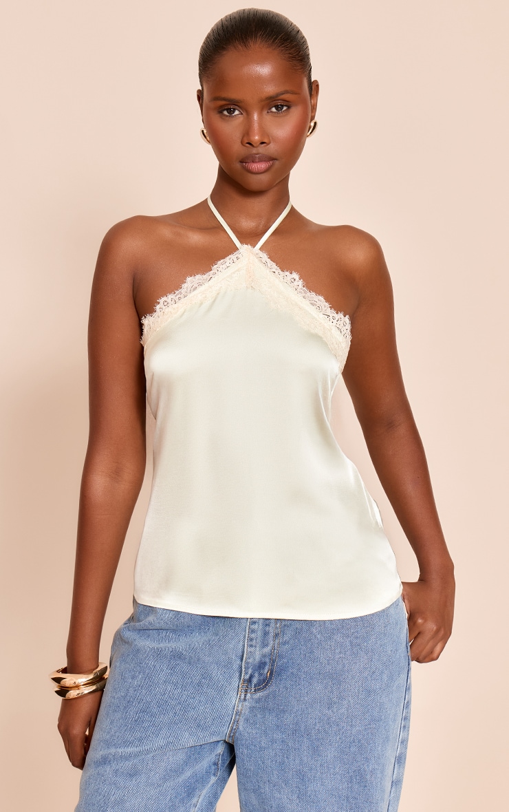 Sage Green Satin Lace Trim Halterneck Cami Top | Tops