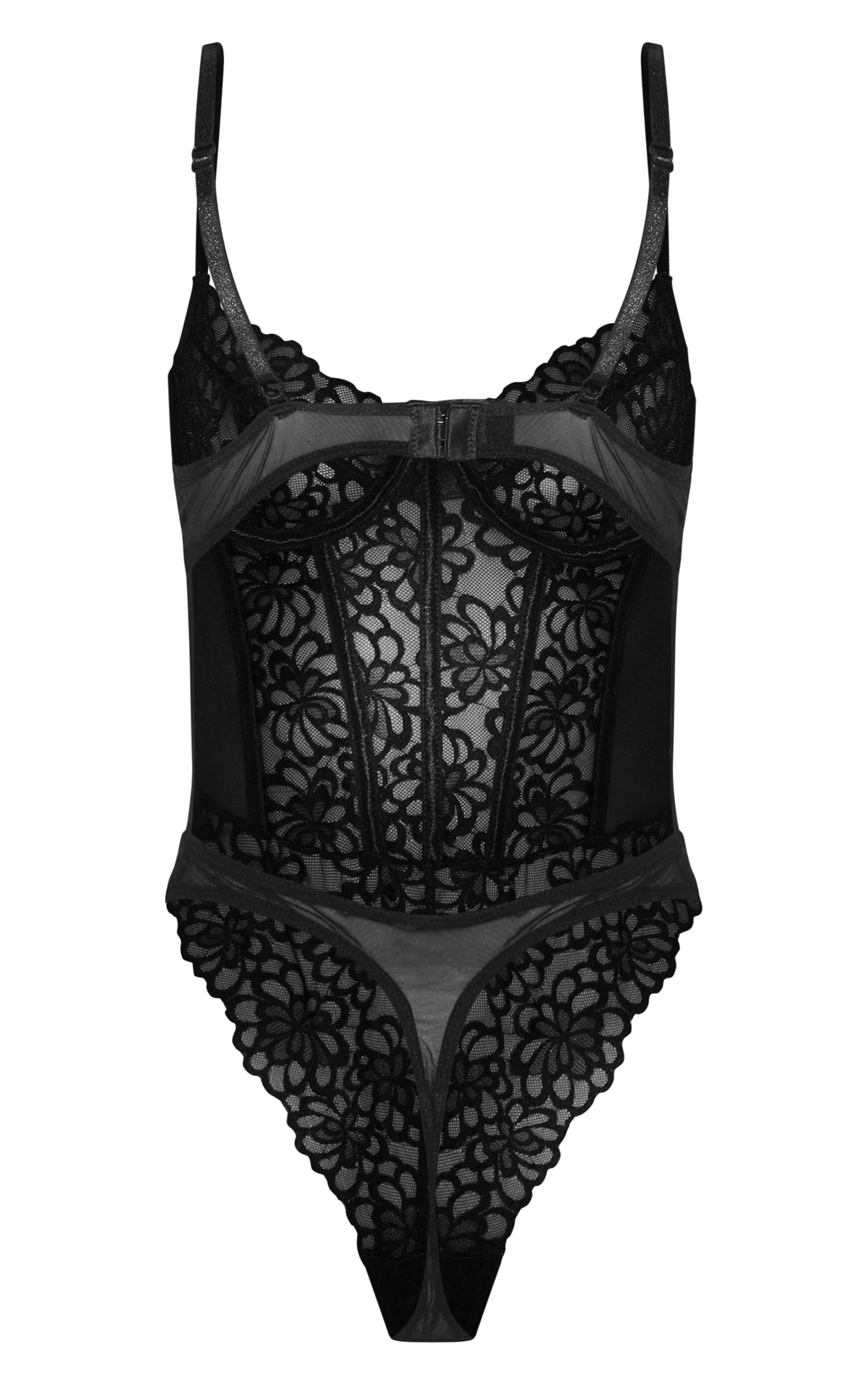 Black Floral Scalloped Edge Lace Cut Out Bodysuit | Lingerie
