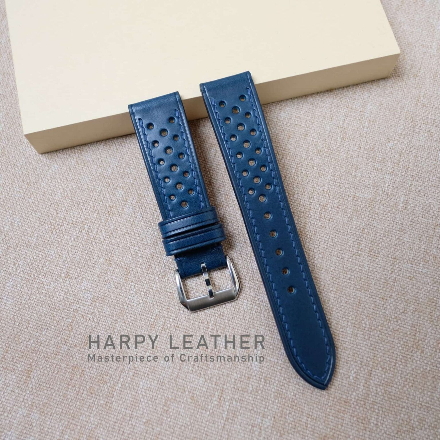 Navy blue rally watch strap - racing leather watch band - Handcraft