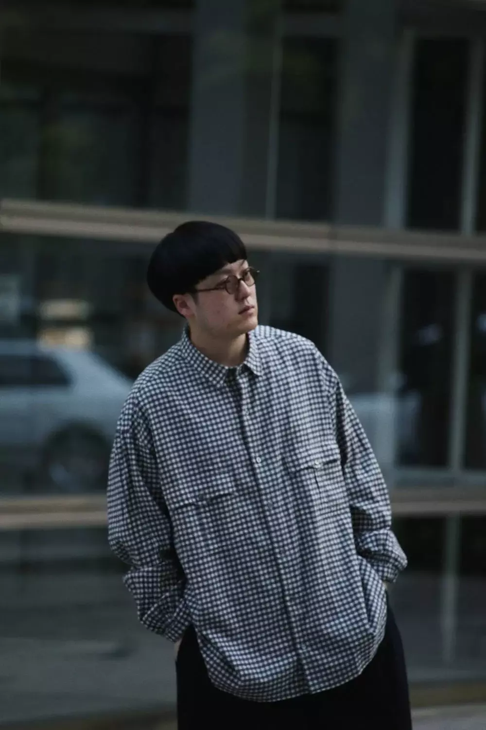 PORTER CLASSIC - Roll Up Flannel Gingham Check Shirt CHARCOAL GRAY