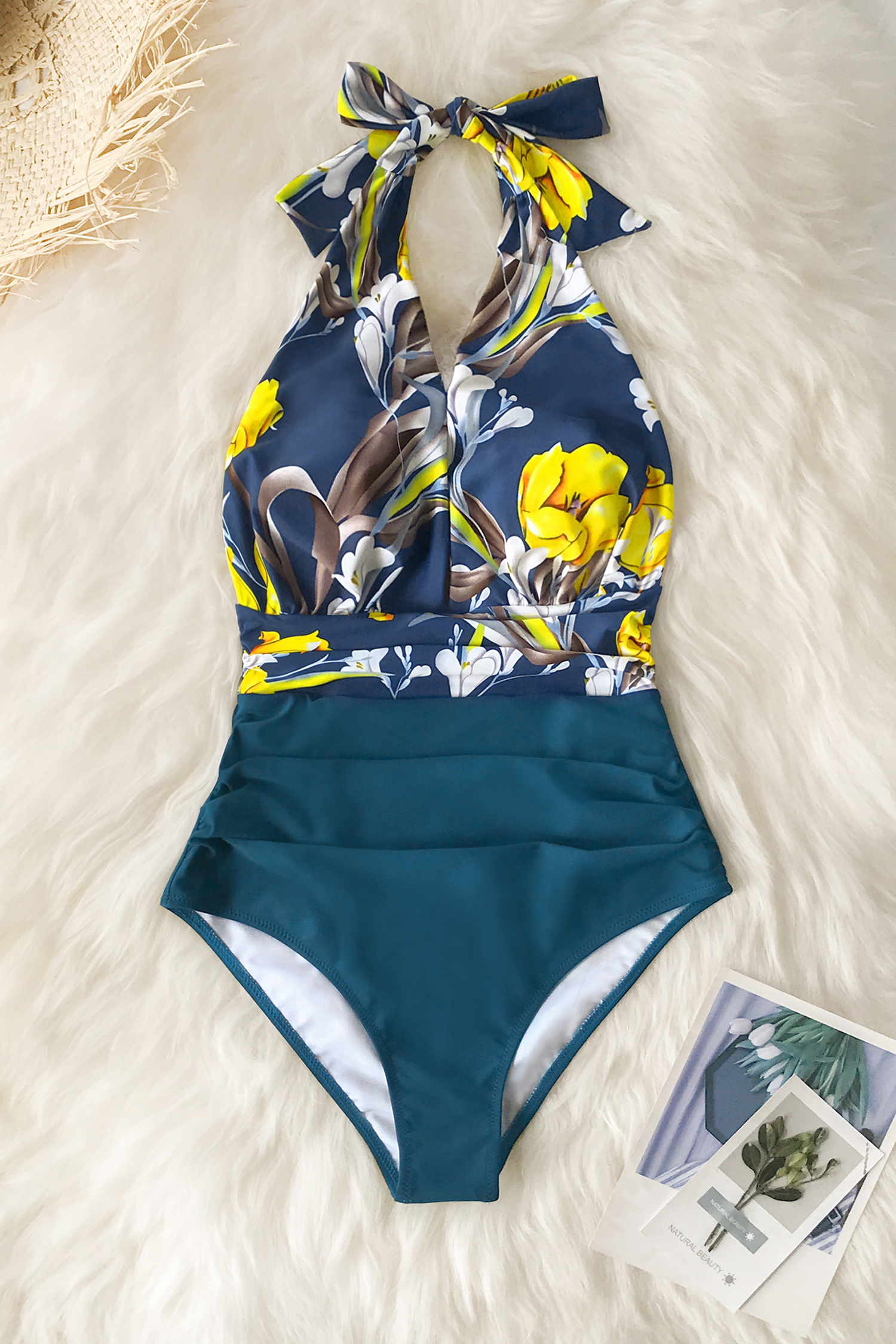 Ruched Halter Tummy Control Blue One Piece Swimsuit