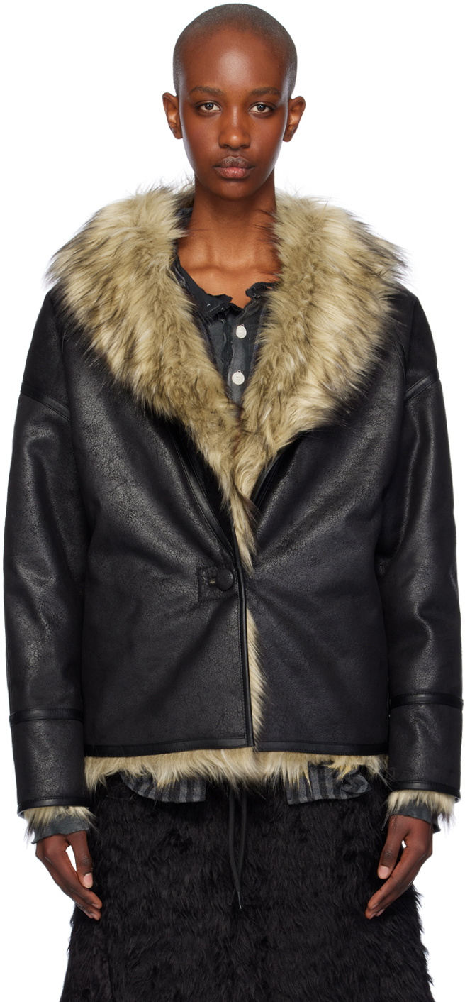 OPEN YY Beige & Black Reversible Faux-Fur Jacket OPEN YY