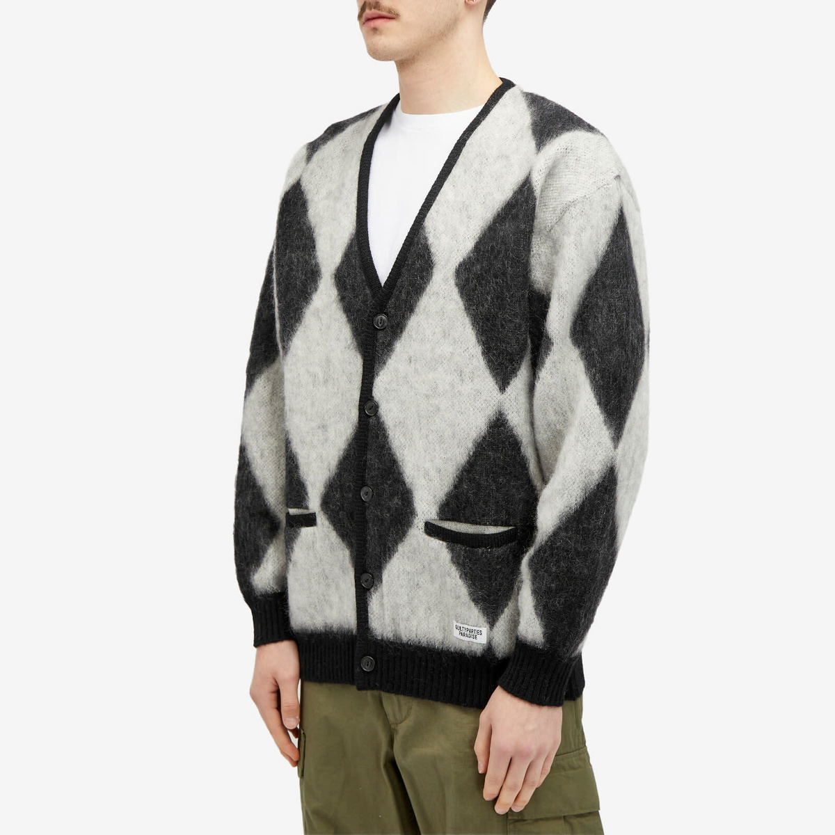 Wacko Maria Men's Diamond Mohair Cardigan in White Wacko Maria