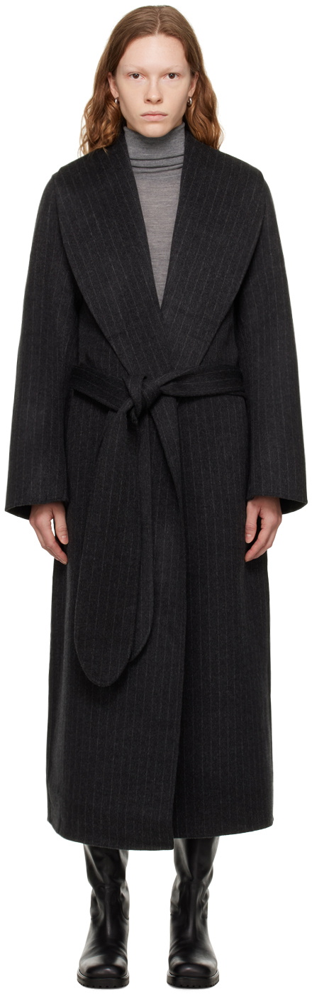 Totême Gray Pinstripe Robe Coat Toteme