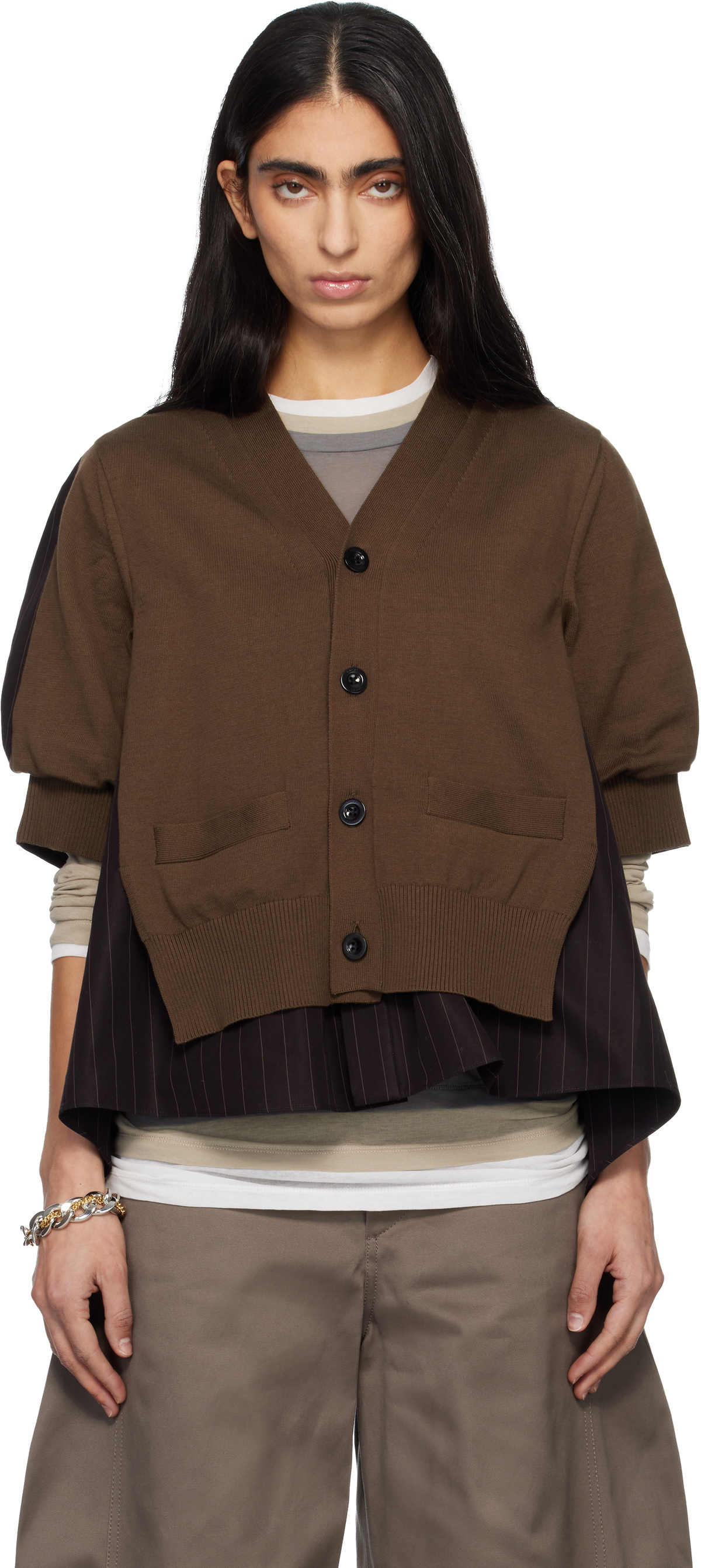 sacai: Brown Chalk Stripe & Cotton Knit Cardigan | SSENSE
