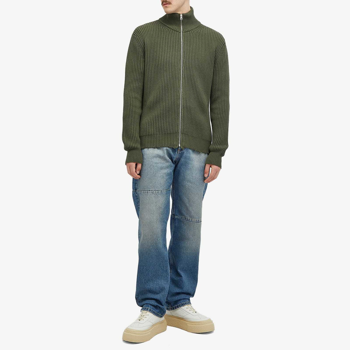 MM6 Maison Margiela Men's Ribbed Zip Cardigan in Khaki MM6 Maison