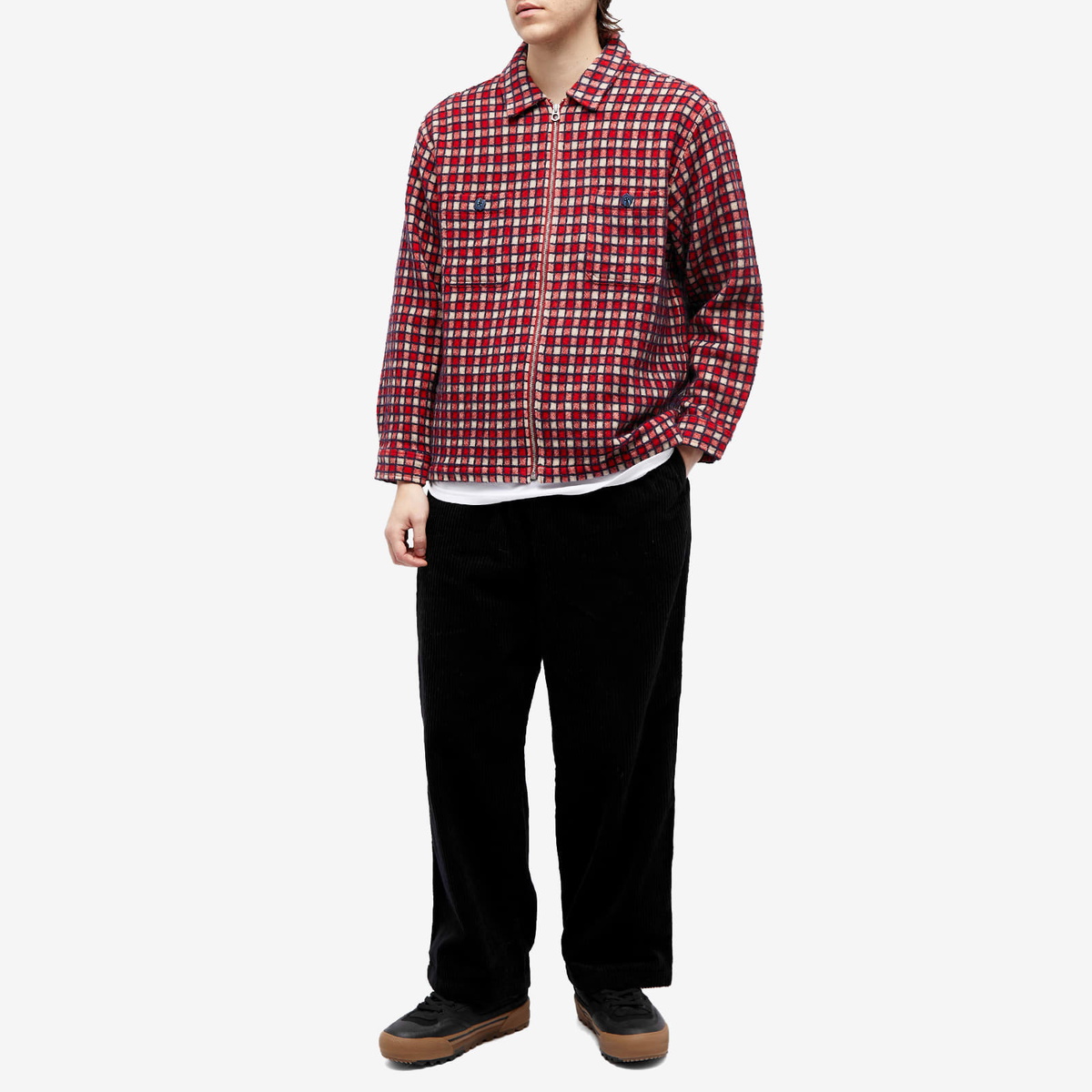 Brain Dead Men's Check Mate Flannel Zip Shirt Jacket in Red Brain Dead