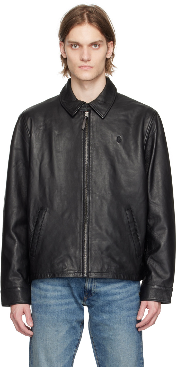 Polo Ralph Lauren Black Embroidered Leather Jacket Polo Ralph Lauren