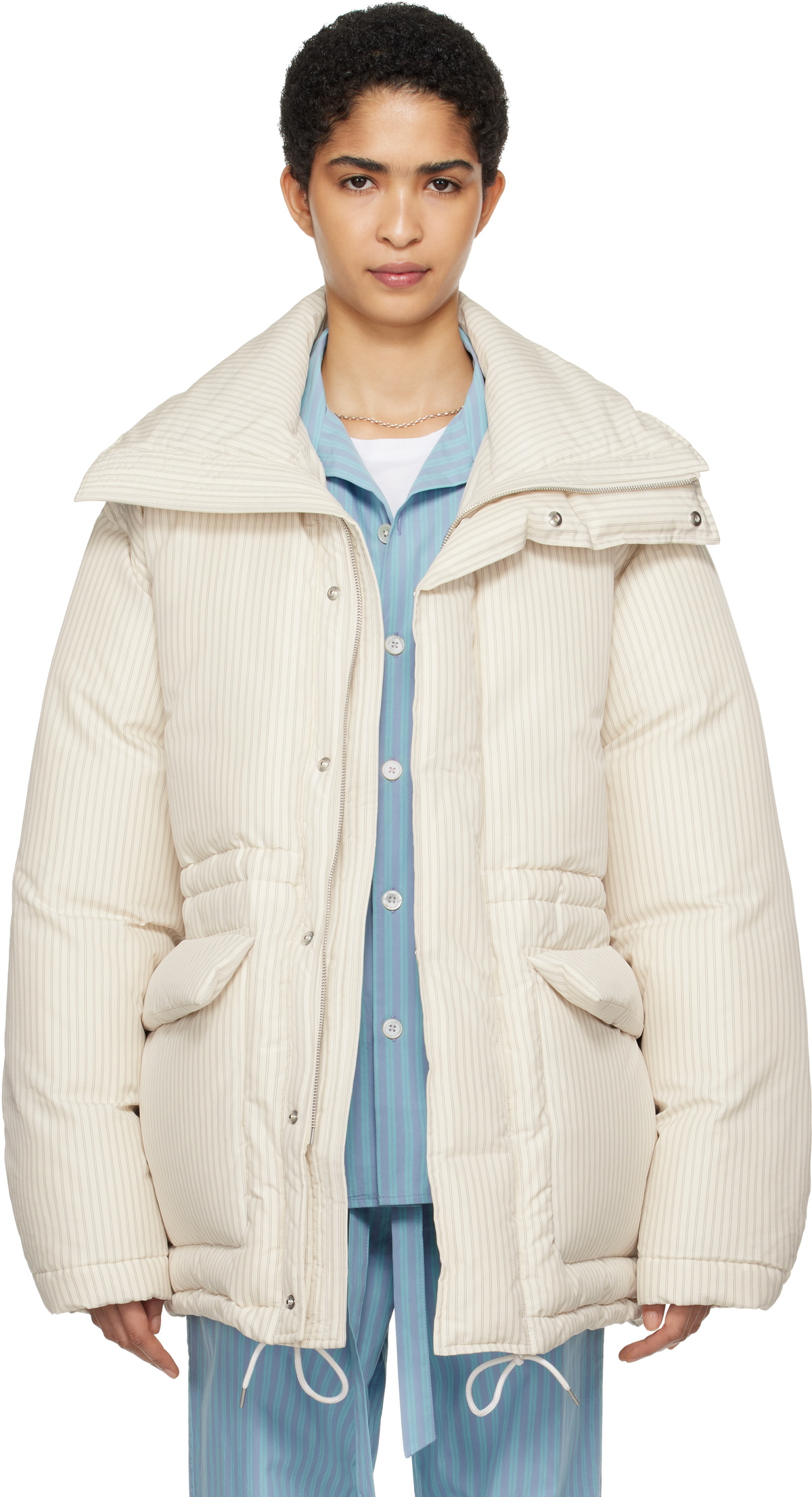 Tekla SSENSE Exclusive White AURALEE Edition Stripe Down Jacket