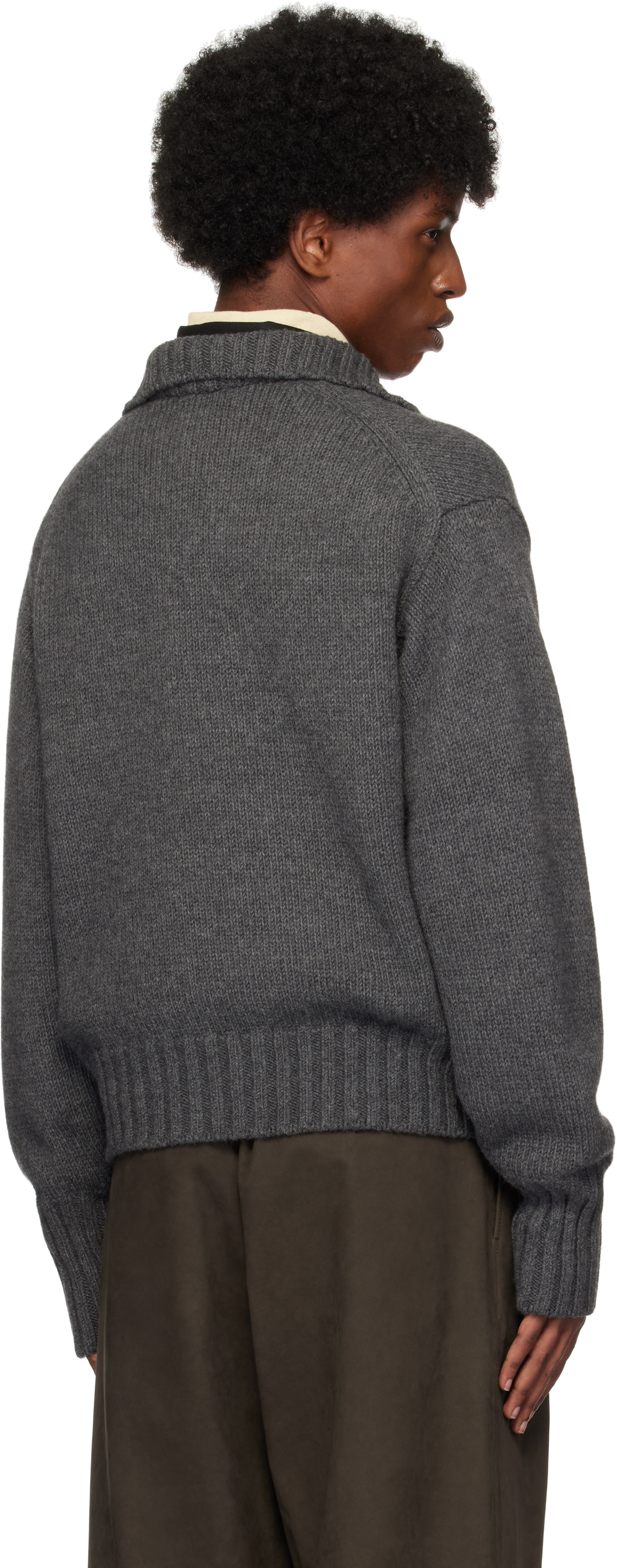 AURALEE Gray Wool Soft Cord Knit Half Zip Sweater Auralee