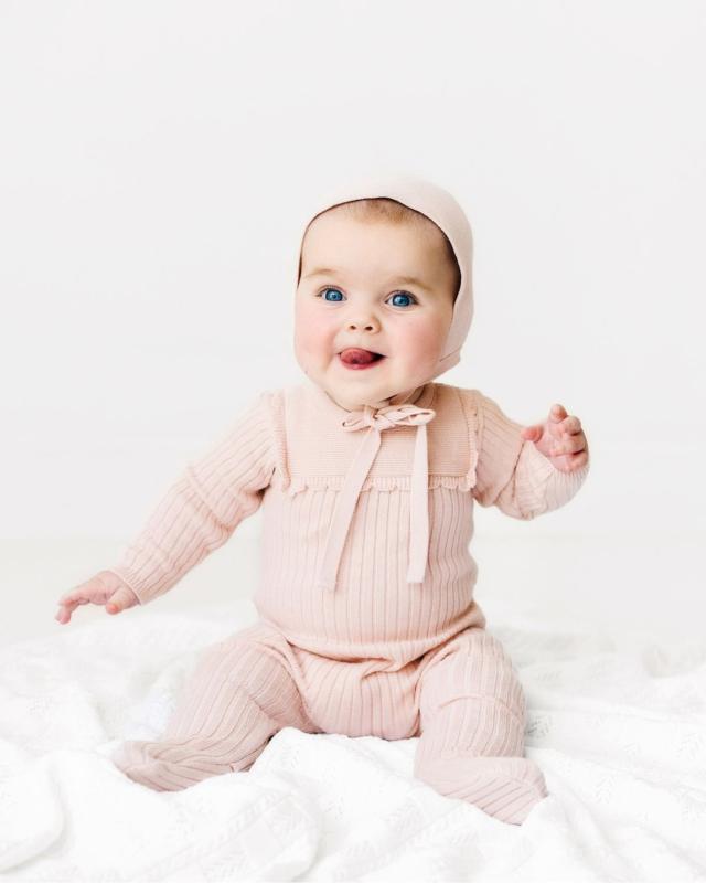 Scallop Trimmed Rib Knit Romper & Bonnet I Newborn Layette with
