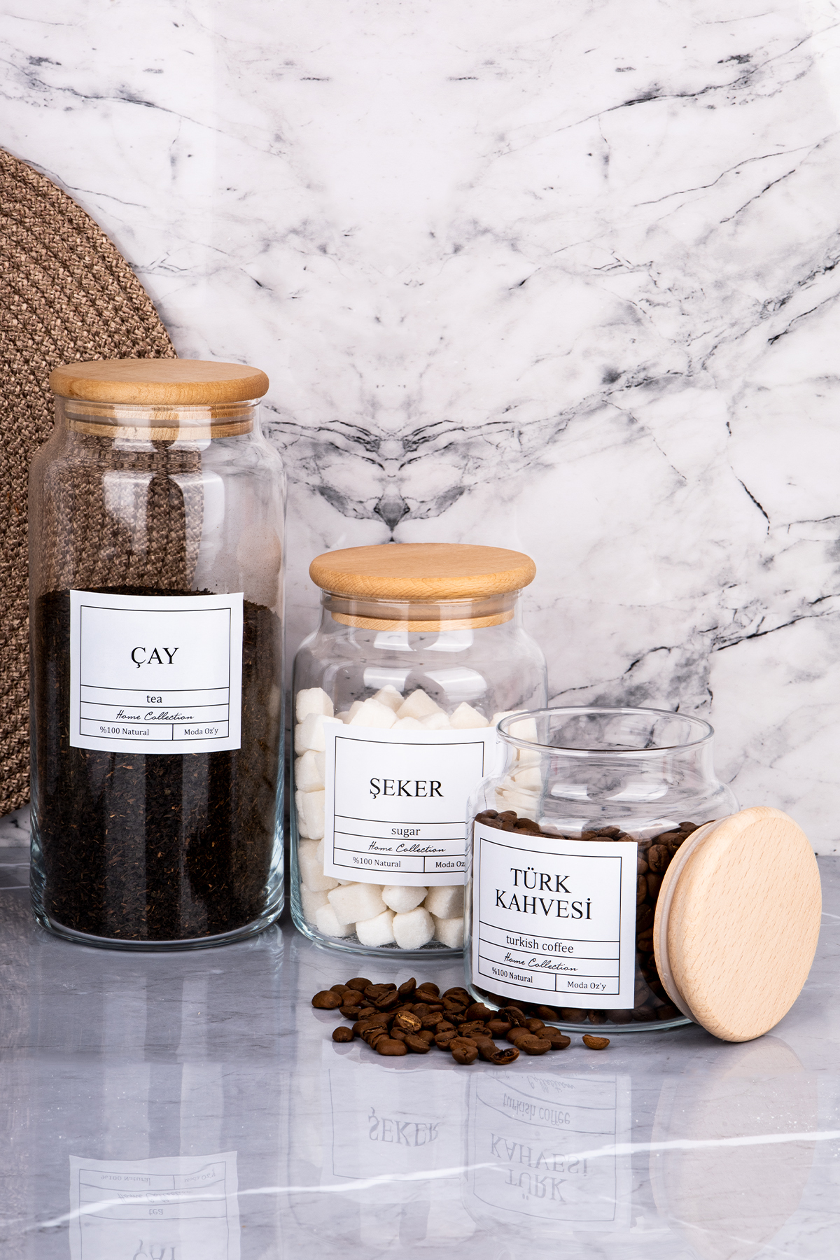MODA OZY 3'lü 1300/800/500 ml Ahşap Kapaklı Çay&Şeker&Türk Kahvesi