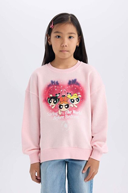 Defacto Kız Çocuk PowerPuff Girls Relax Fit Bisiklet Yaka
