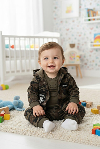 Elci Baby Kapşonlu Kamuflaj Mikili 3 Lü Bebek Takımı K3329