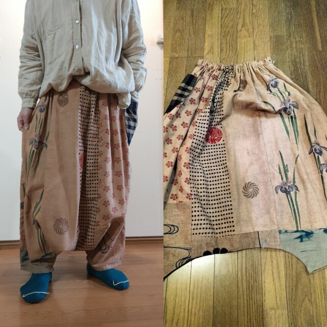 手ぬぐいリメイク☆花の季節に柿渋染めのふんわりサルエルパンツ