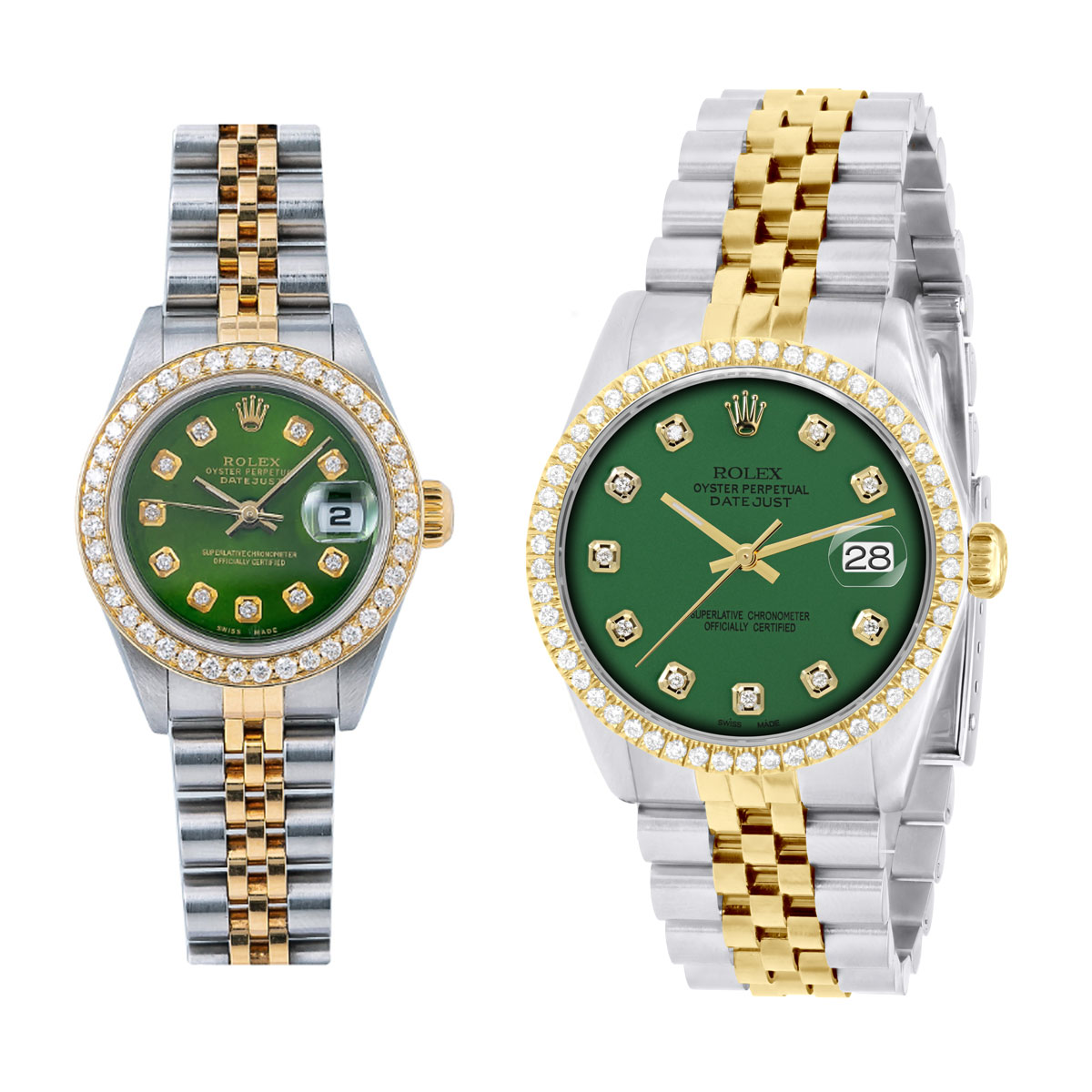 Matching His and Hers Rolex Two Tone Gold Watch Set Green Dial
