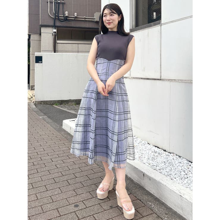 シアーチェックニットドッキングワンピース[品番：MKSW0057585