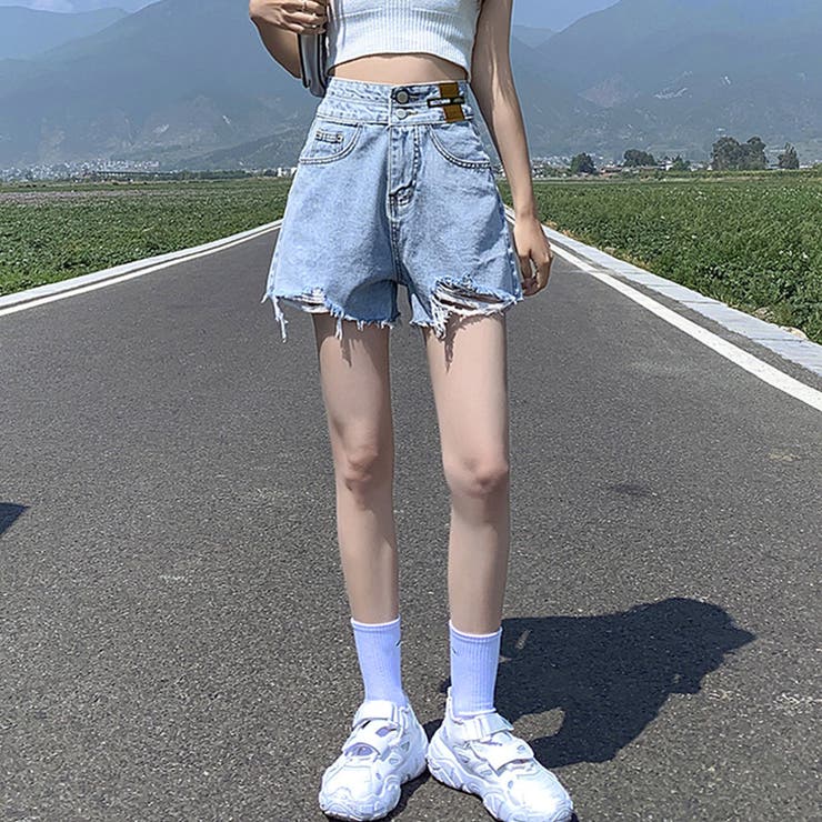 ダメージ加工デニムショートパンツ 韓国風[品番：II000010500
